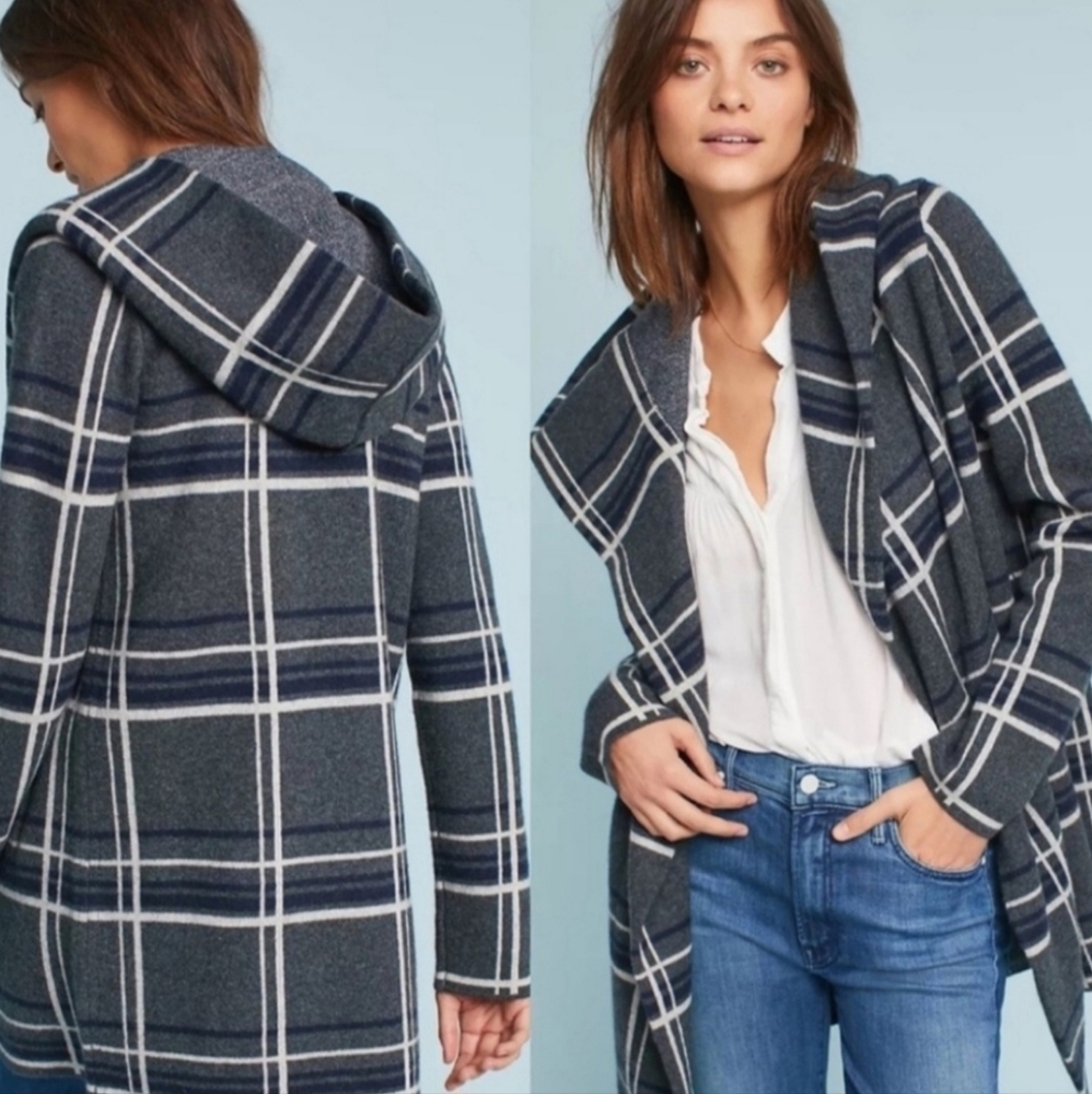 Anthropologie Navy Plaid Hooded Coat Field of Flowers